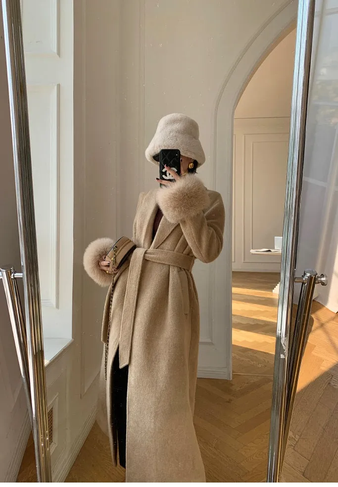 WANXO vegann fur waist tie woolen coat new fashion medium and long woolen coat- Katy