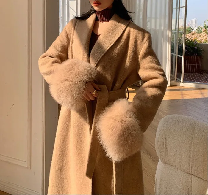 WANXO vegann fur waist tie woolen coat new fashion medium and long woolen coat- Katy