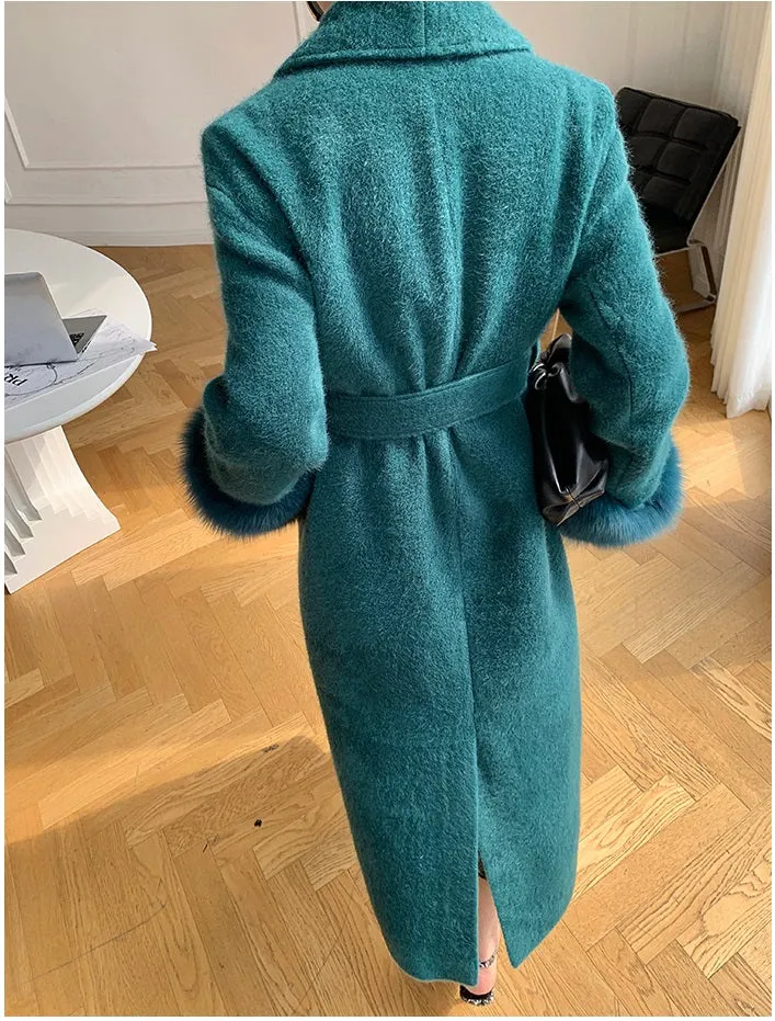 WANXO vegann fur waist tie woolen coat new fashion medium and long woolen coat- Katy