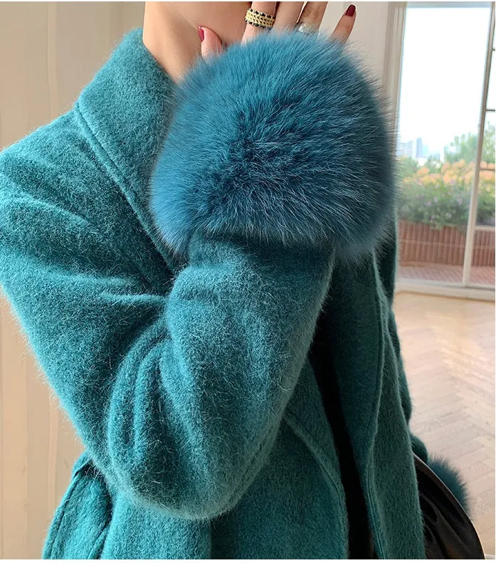 WANXO vegann fur waist tie woolen coat new fashion medium and long woolen coat- Katy