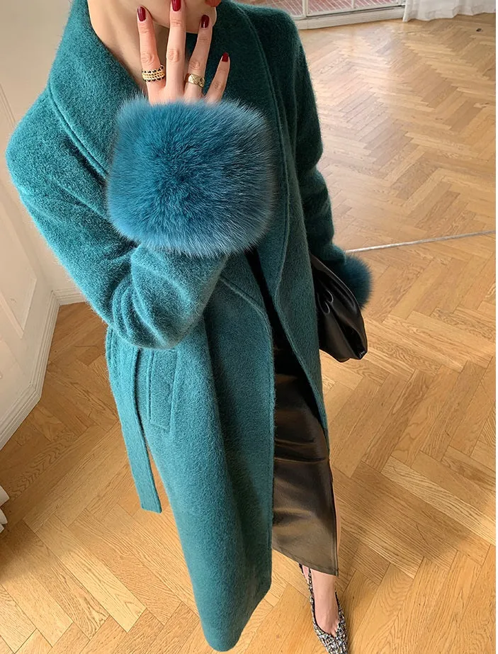 WANXO vegann fur waist tie woolen coat new fashion medium and long woolen coat- Katy