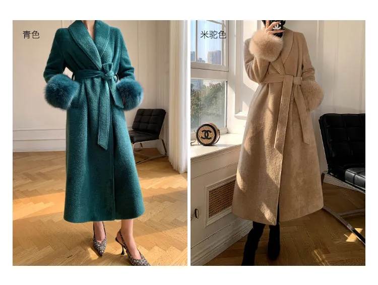 WANXO vegann fur waist tie woolen coat new fashion medium and long woolen coat- Katy