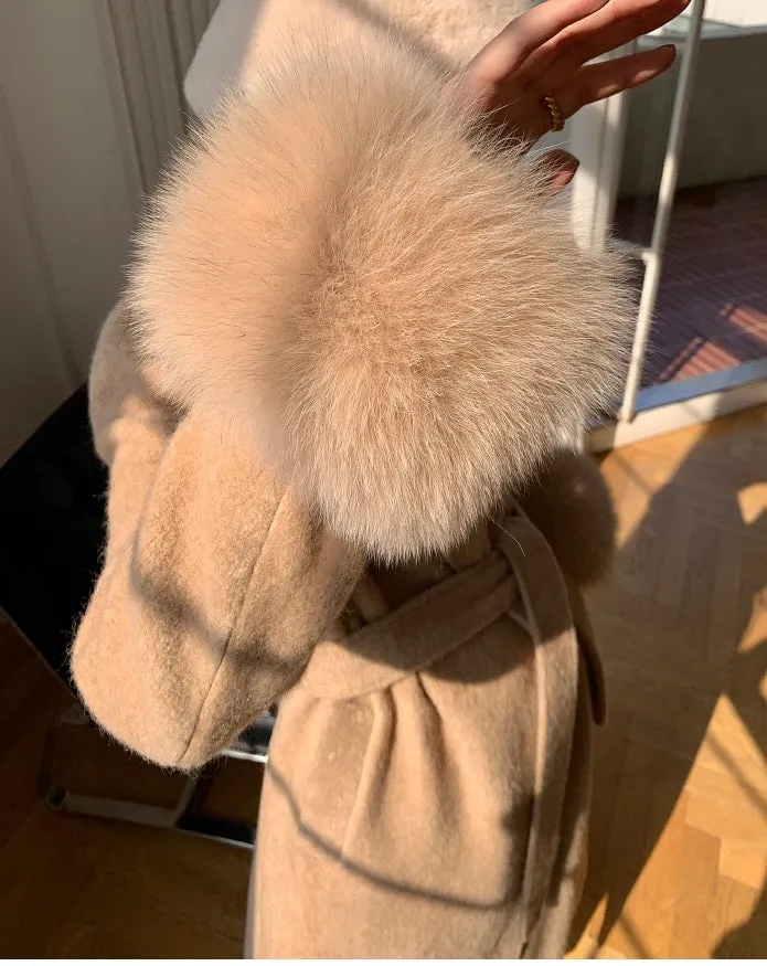 WANXO vegann fur waist tie woolen coat new fashion medium and long woolen coat- Katy