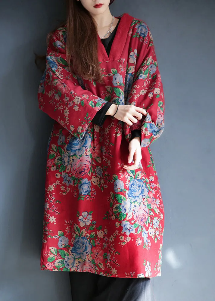 Women Red V Neck Print Warm Fleece Long Cotton Parka Winter