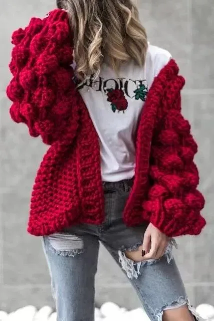 Women's balloon sleeve cardigan sweater fashion knit popcorn sweater