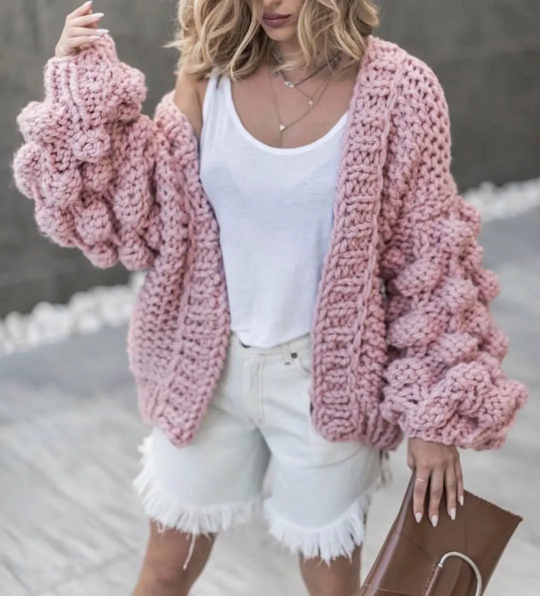 Women's balloon sleeve cardigan sweater fashion knit popcorn sweater