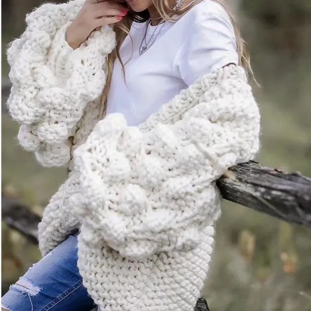 Women's balloon sleeve cardigan sweater fashion knit popcorn sweater