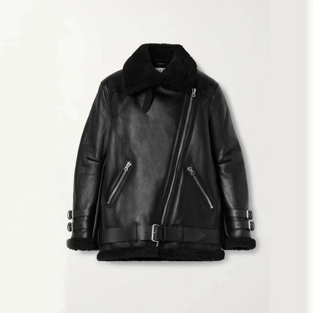 Women's Black RAF B3 Trimmed Sheepskin Shearling Leather Biker Jacket