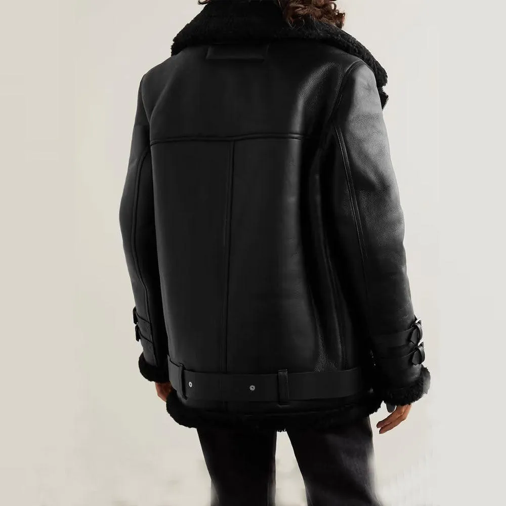 Women's Black RAF B3 Trimmed Sheepskin Shearling Leather Biker Jacket