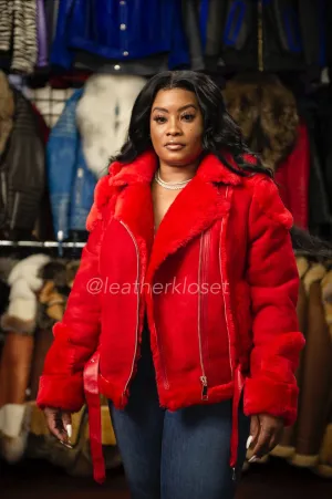 Women's Classic Real Sheepskin Biker Jacket [Red]