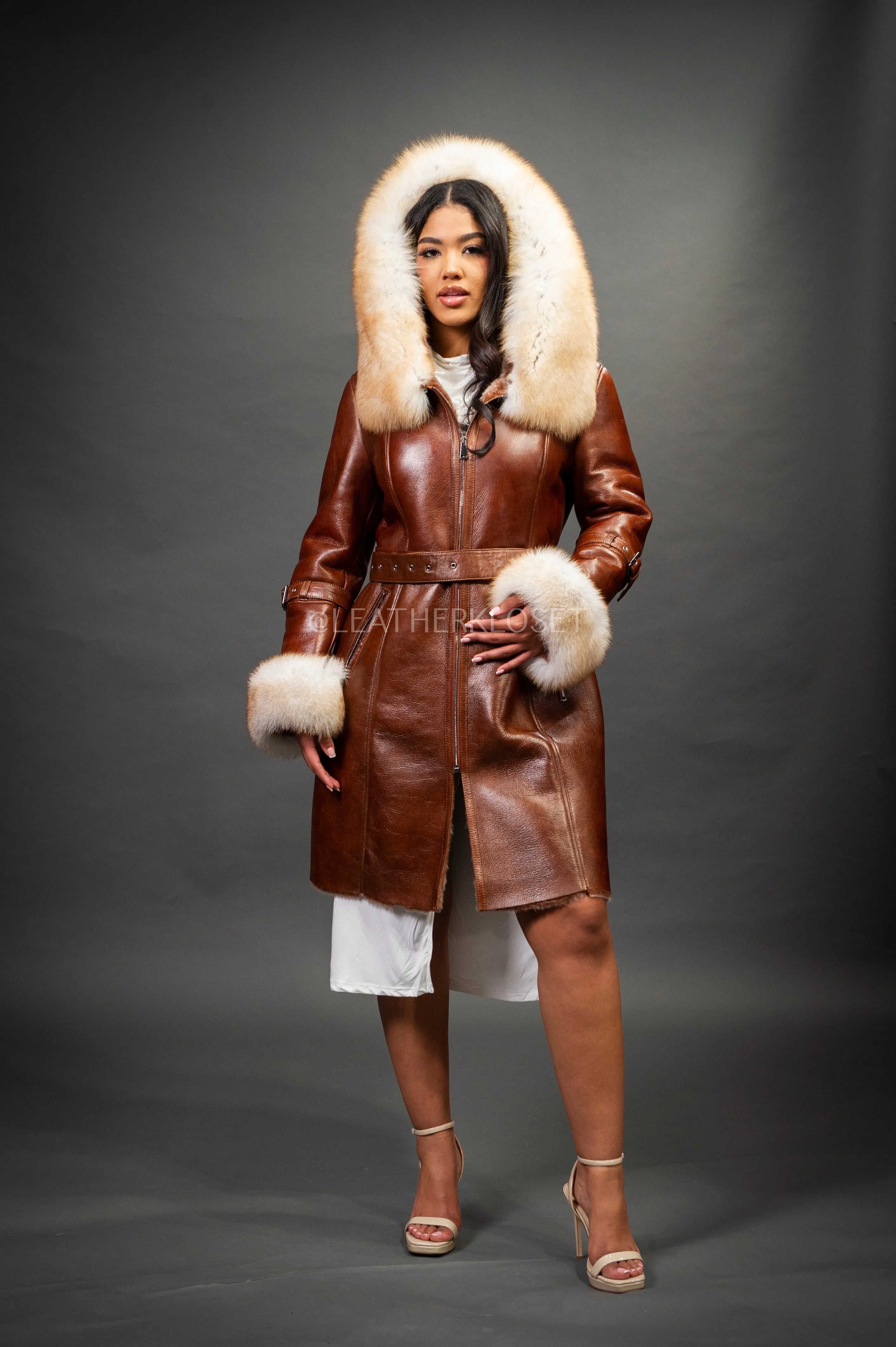 Women's Diana Shearling Sheepskin Jacket With Fox [Cognac]