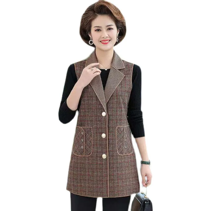 Women’s elegant Lapel Mid-Length Plaid Vest