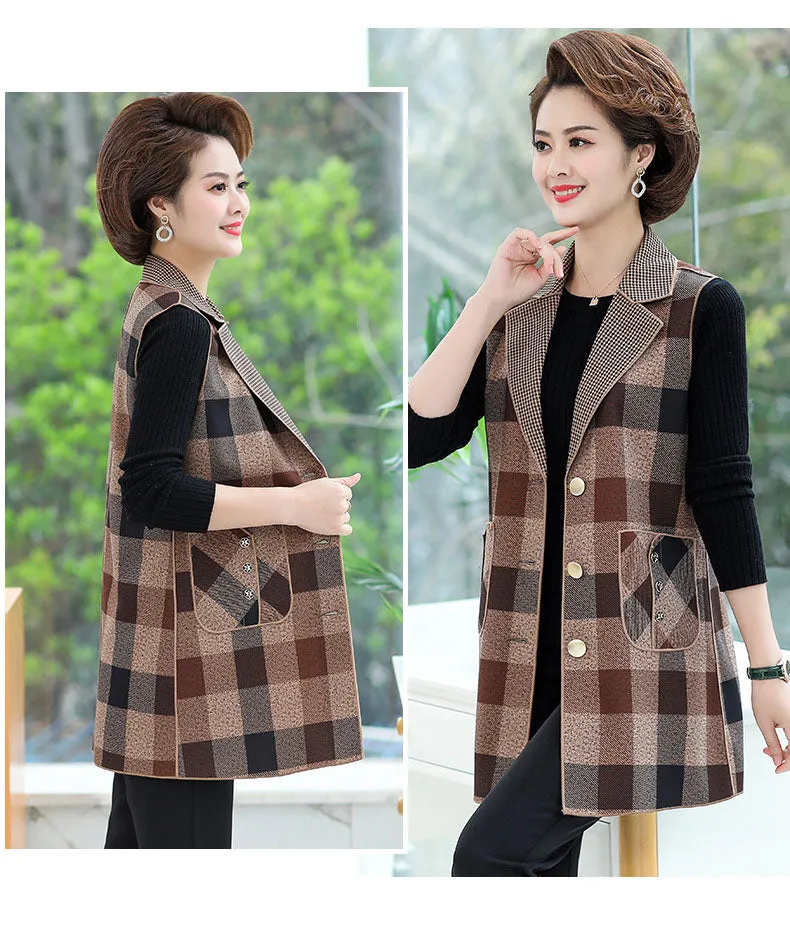 Women’s elegant Lapel Mid-Length Plaid Vest