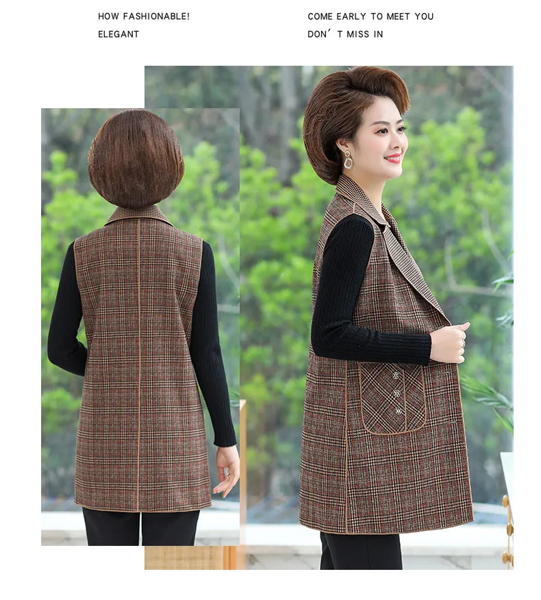 Women’s elegant Lapel Mid-Length Plaid Vest