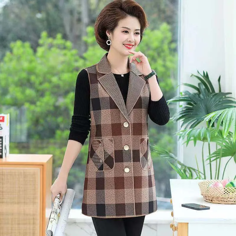 Women’s elegant Lapel Mid-Length Plaid Vest