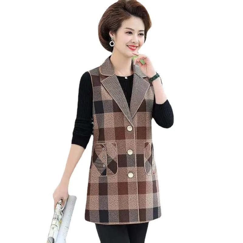 Women’s elegant Lapel Mid-Length Plaid Vest