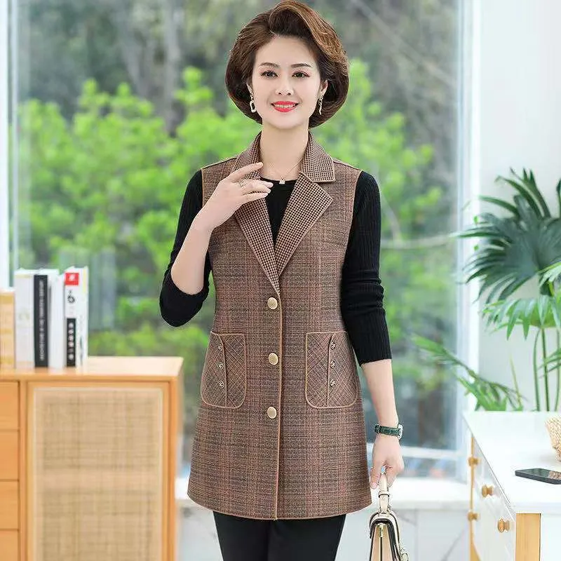 Women’s elegant Lapel Mid-Length Plaid Vest