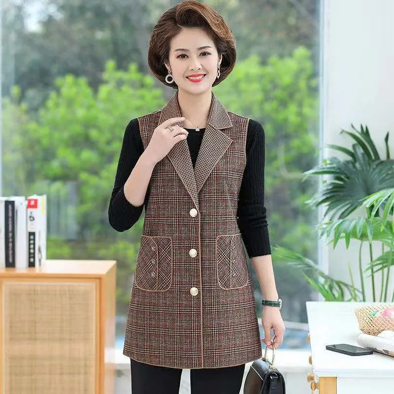 Women’s elegant Lapel Mid-Length Plaid Vest