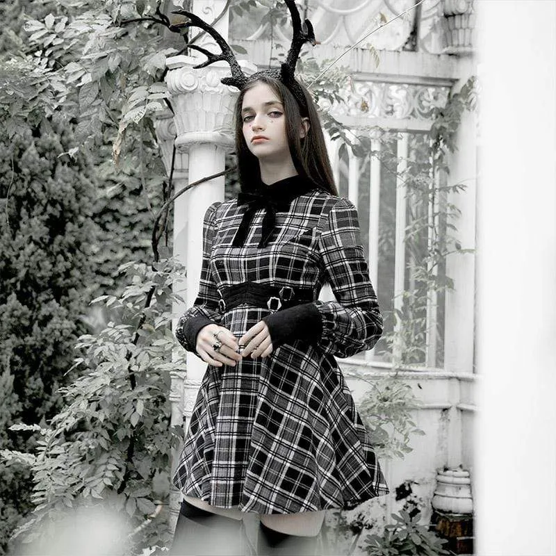 Women's Grunge Plaid Slim-fitted Dresses With Velvet Collar