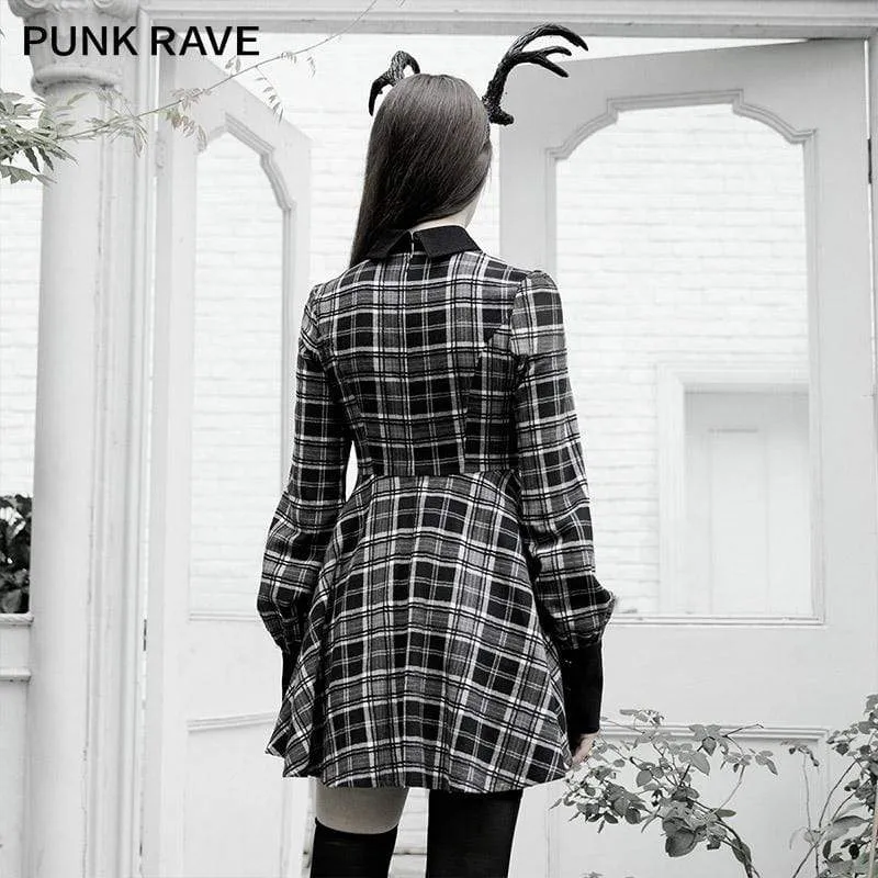 Women's Grunge Plaid Slim-fitted Dresses With Velvet Collar