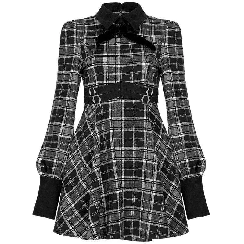 Women's Grunge Plaid Slim-fitted Dresses With Velvet Collar