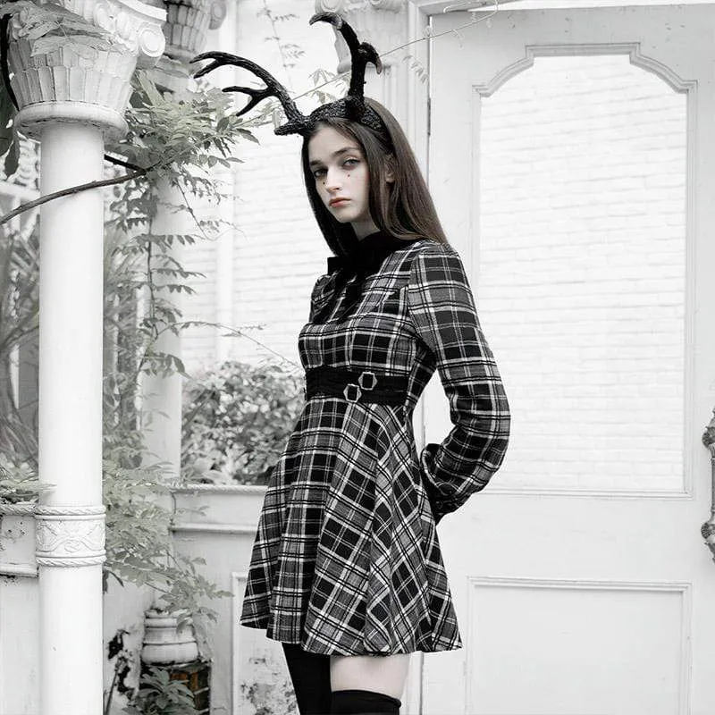 Women's Grunge Plaid Slim-fitted Dresses With Velvet Collar