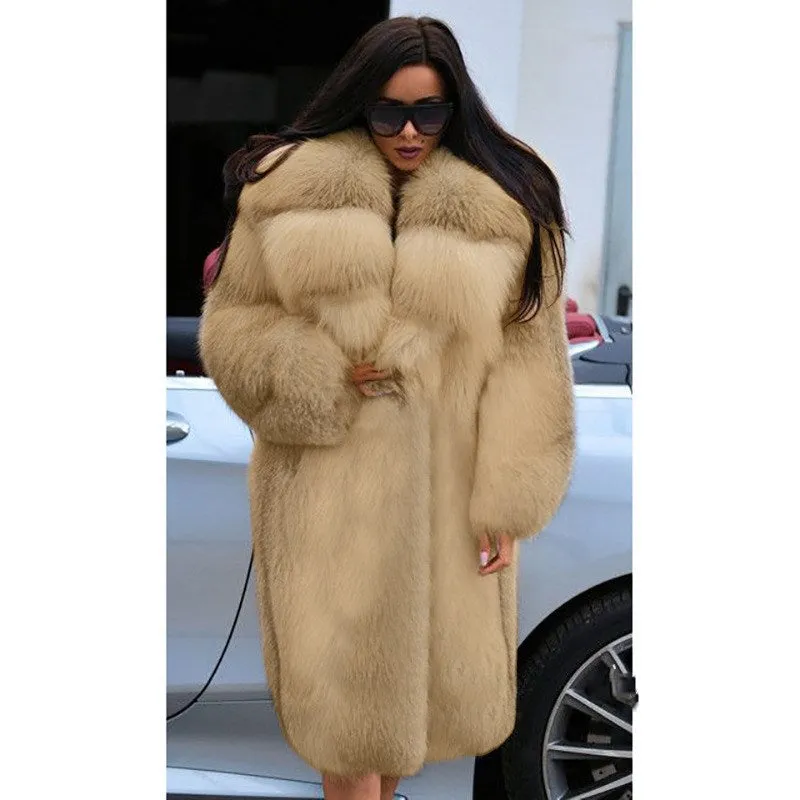 Women's hooded long fashionable fur coat