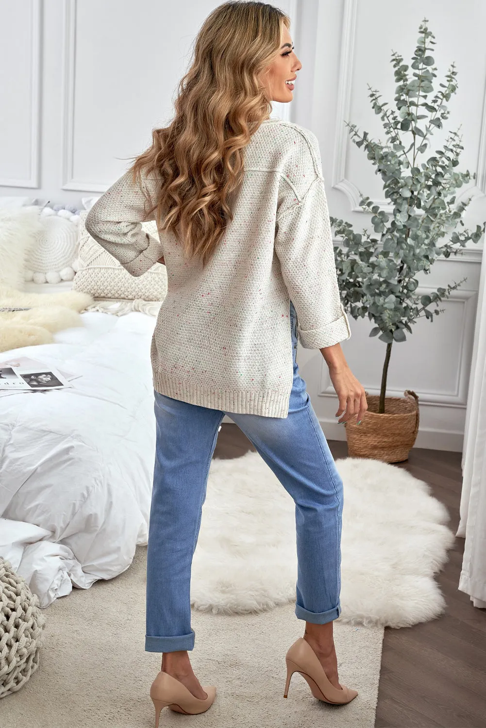 Women's Wide V Neck Roll Tab Sleeve Waffle Knit Sweater