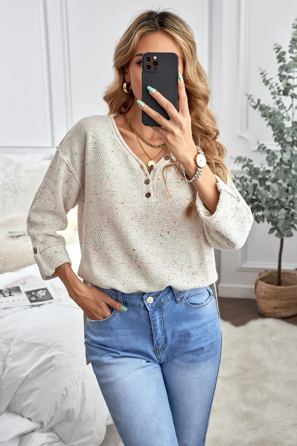 Women's Wide V Neck Roll Tab Sleeve Waffle Knit Sweater