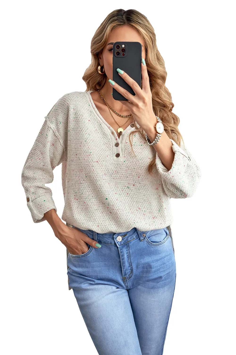 Women's Wide V Neck Roll Tab Sleeve Waffle Knit Sweater