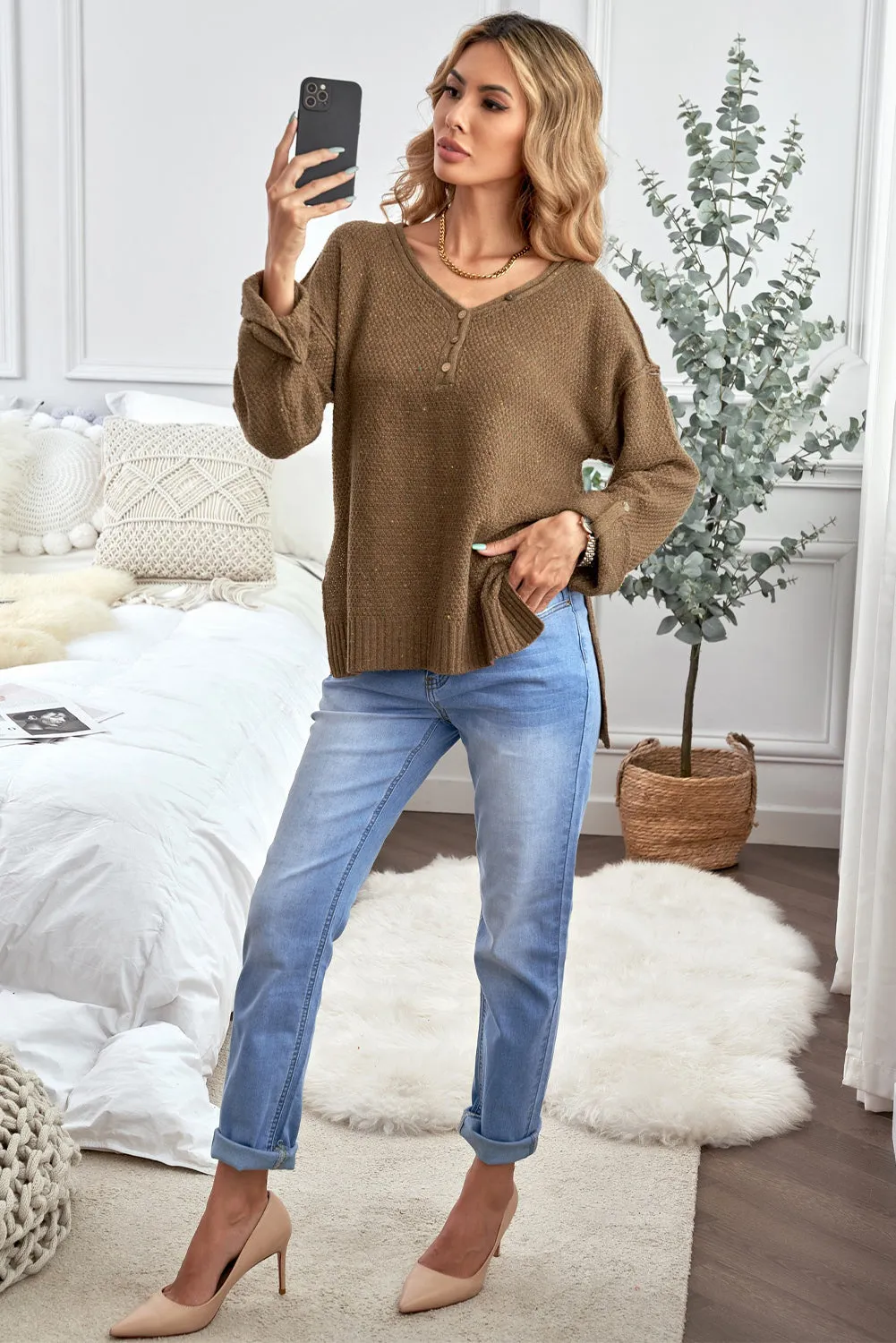 Women's Wide V Neck Roll Tab Sleeve Waffle Knit Sweater