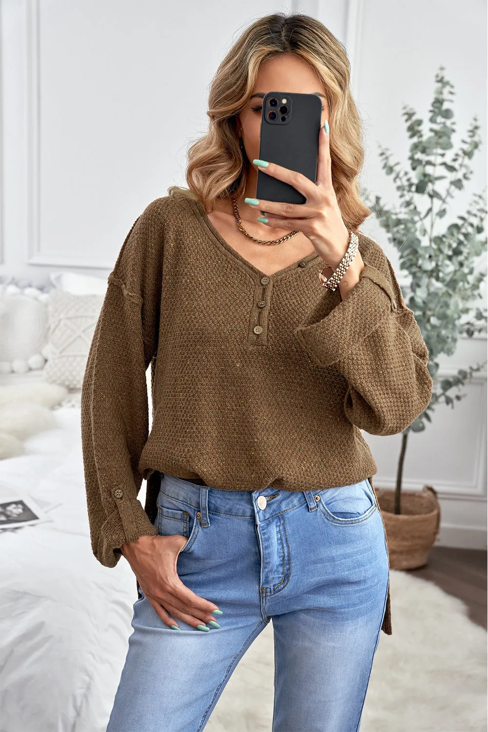 Women's Wide V Neck Roll Tab Sleeve Waffle Knit Sweater