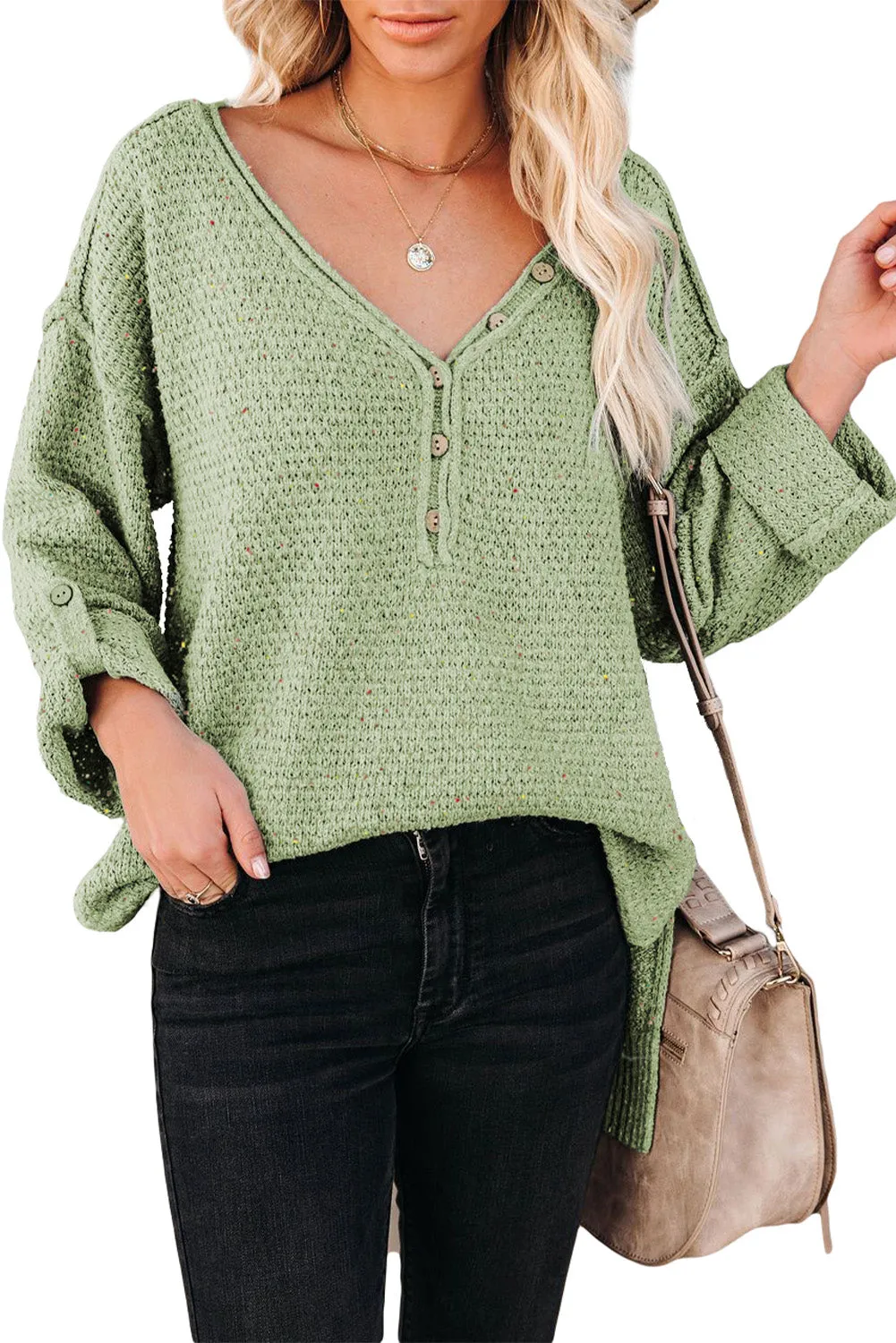 Women's Wide V Neck Roll Tab Sleeve Waffle Knit Sweater