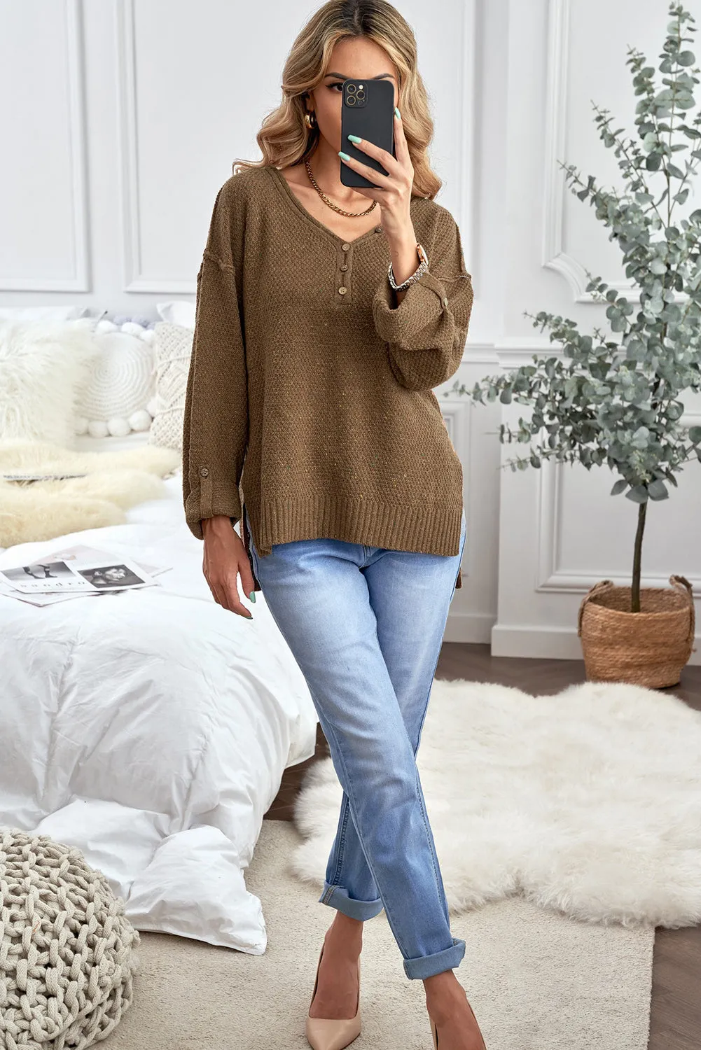 Women's Wide V Neck Roll Tab Sleeve Waffle Knit Sweater