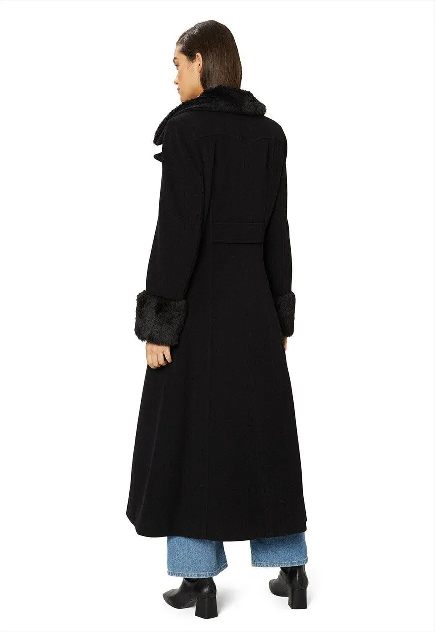 Wool Blend Military Black Faux Fur Trim Maxi Coat