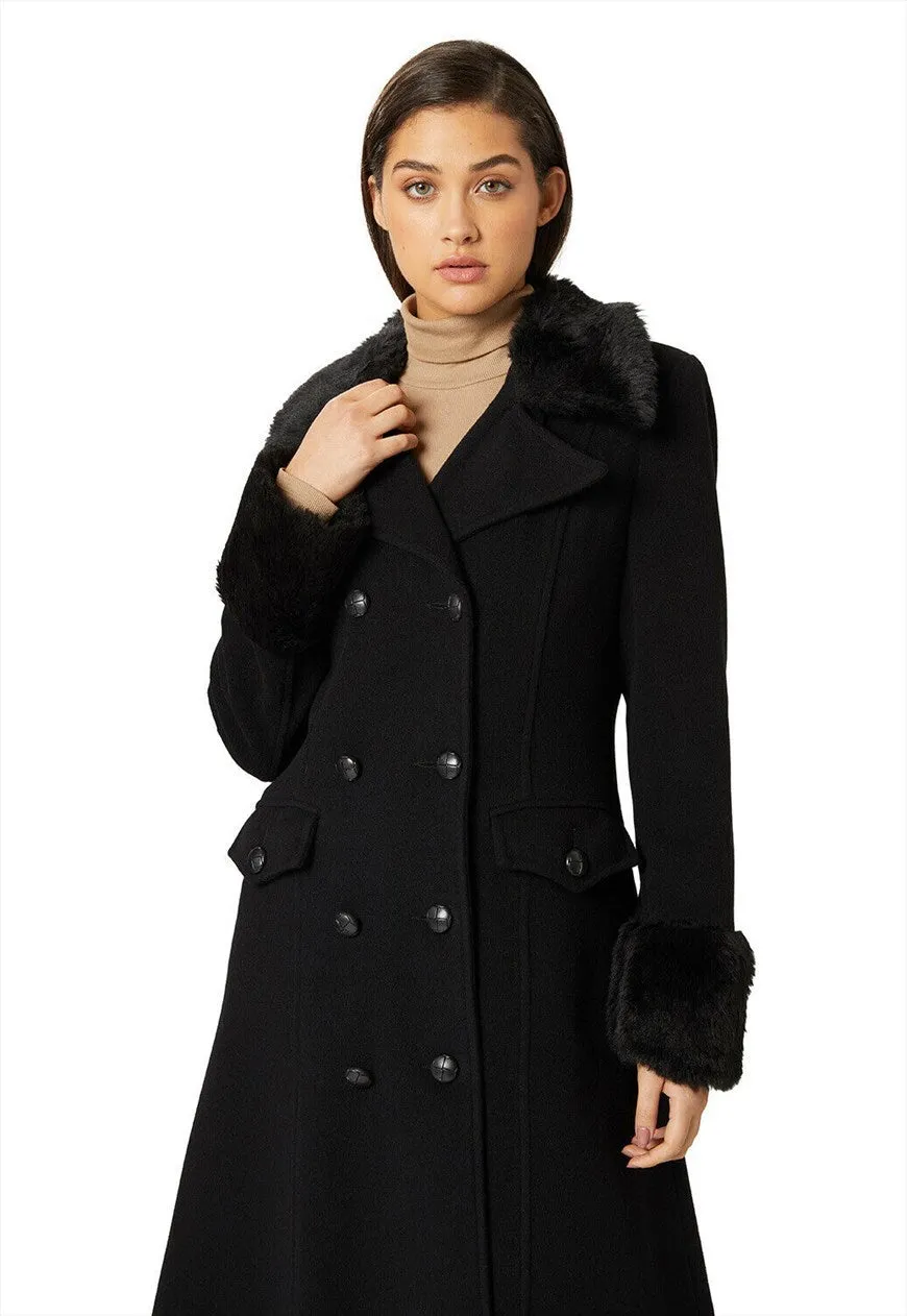 Wool Blend Military Black Faux Fur Trim Maxi Coat