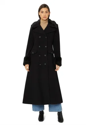 Wool Blend Military Black Faux Fur Trim Maxi Coat