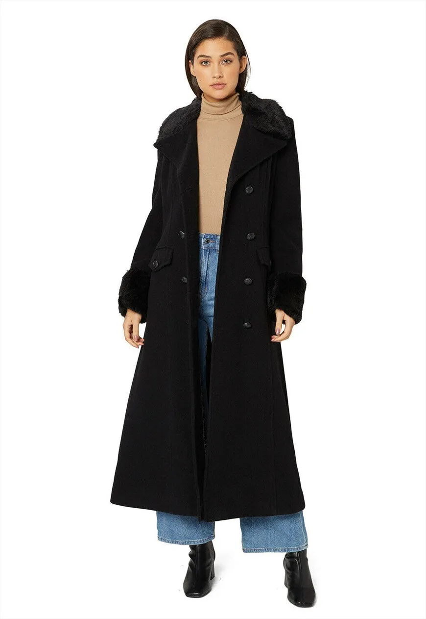 Wool Blend Military Black Faux Fur Trim Maxi Coat